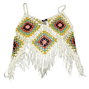 Vivid Crochet White Granny Square Crop Top w Fringe Size Small 90s Y2K Boho
